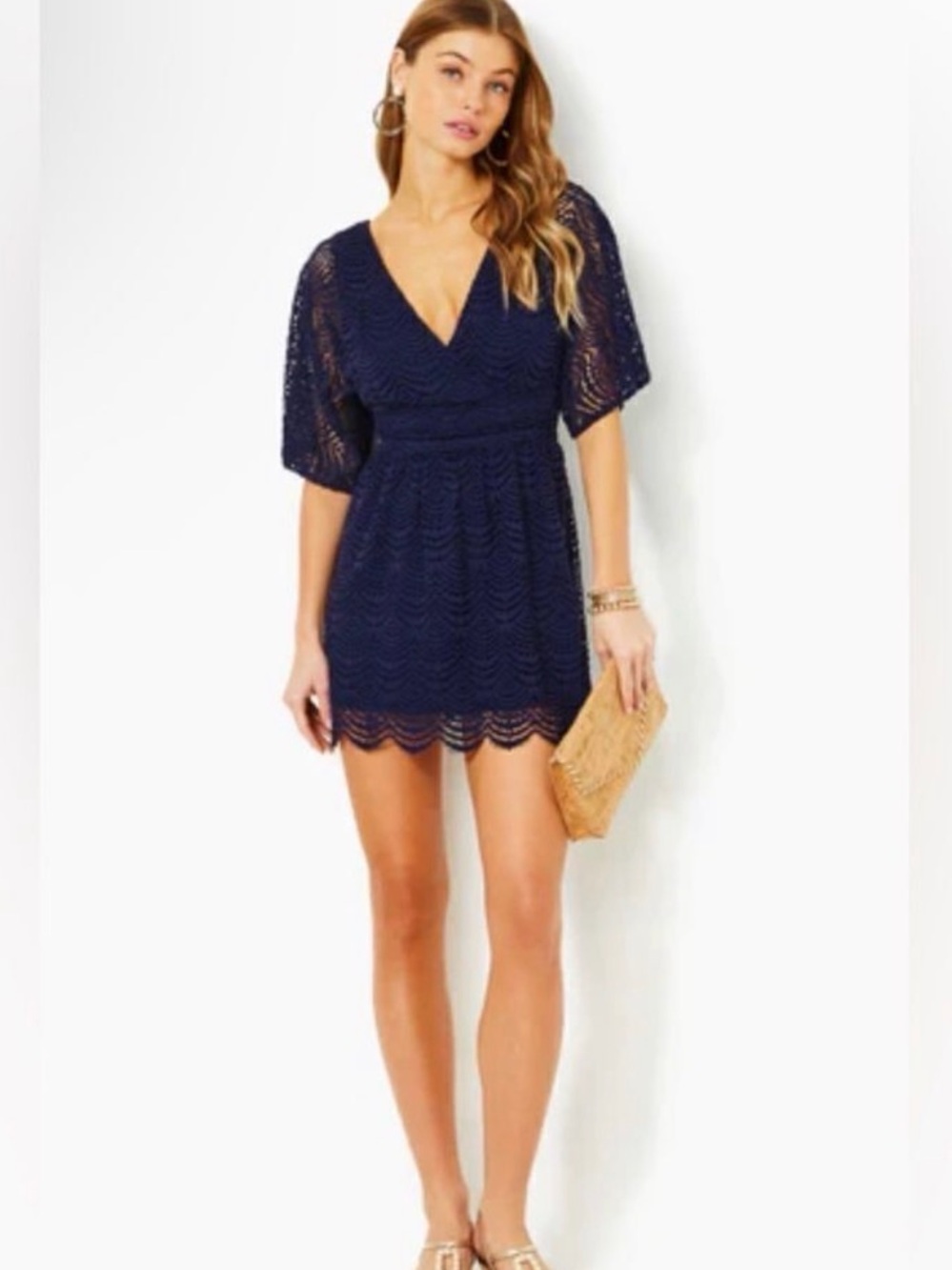 Lilly Pulitzer Navy Crochet V‑Neck Mini Romper Dress with Scallop Hem - Picture 2 of 6